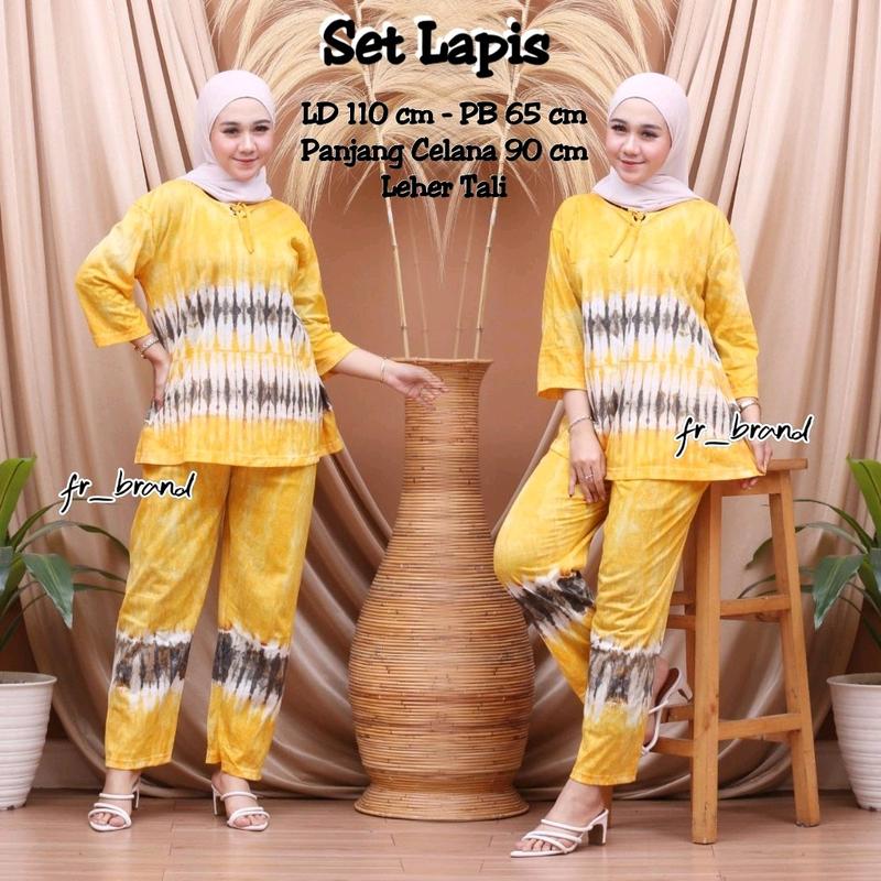 Baju One Set Setelan Wanita Kekinian Tiedye Matt Kaos Katun Lengan 3/4 Leher Tali Nyaman dipakai Celana panjang Motif Batik Dewasa 5