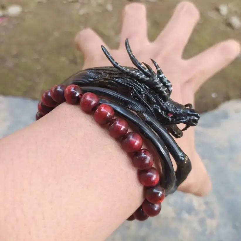 Gelang akar bahar hitam ukir naga ekor cabang original dan berkualitas