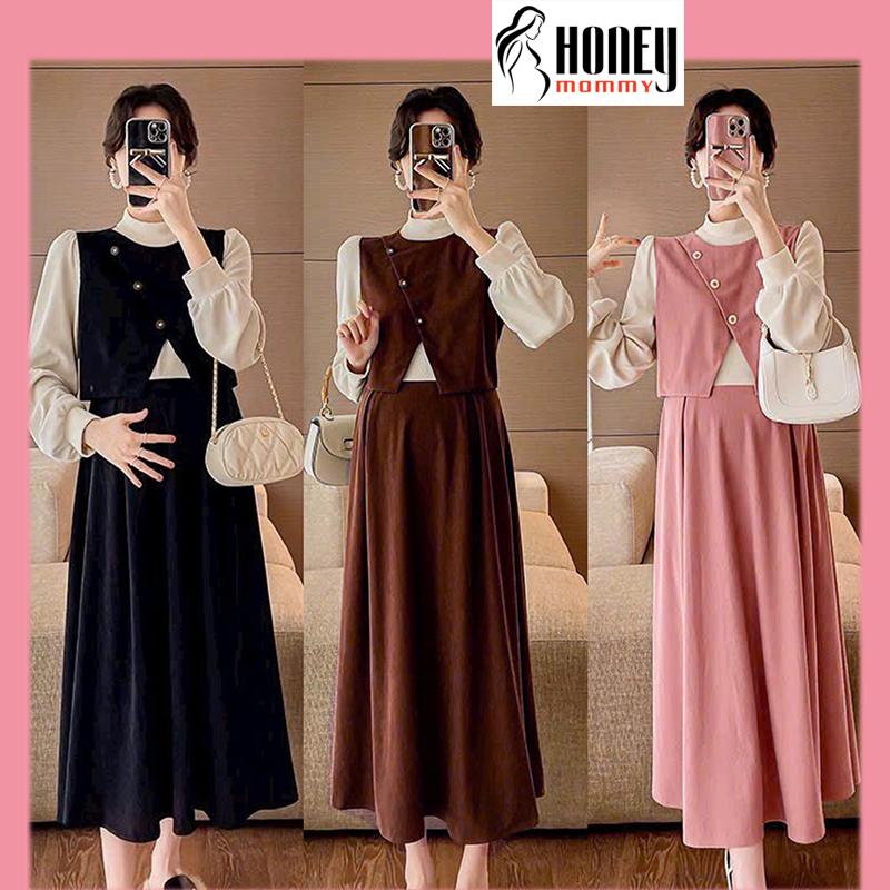 Honey Mommy Đầm Bầu Tết Thu Đông Tay Dài Phong Cách Cổ Điển Vintage Cổ 3cm Vạt Xẻ Nữ Tính Đi Chơi Dự Tiệc HD4507