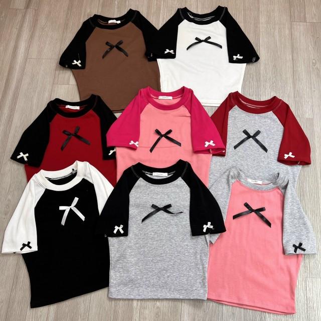 Product Introduction of Áo Thun Croptop Borip Nữ Form Basic Cổ Tròn Tay Ngắn Raglan Phối 2 Màu Đính Nơ Women Sen 15