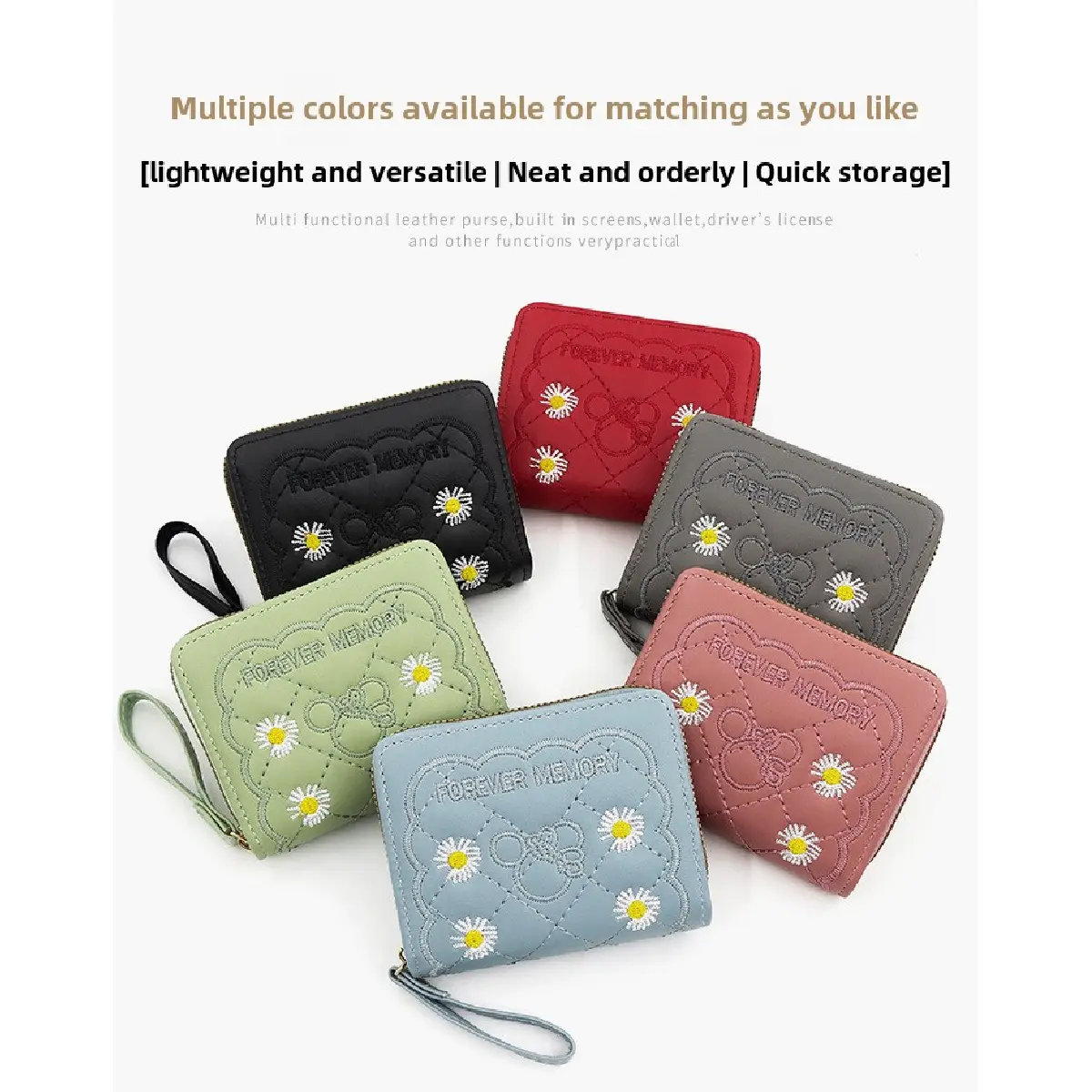 2025NEW vastcouji Fashion Daisy Embroidered Pattern Coin Purse Simple Card Holder Multi Card Slots Wallet Women Short Zipper Coin Purse Gifts ph