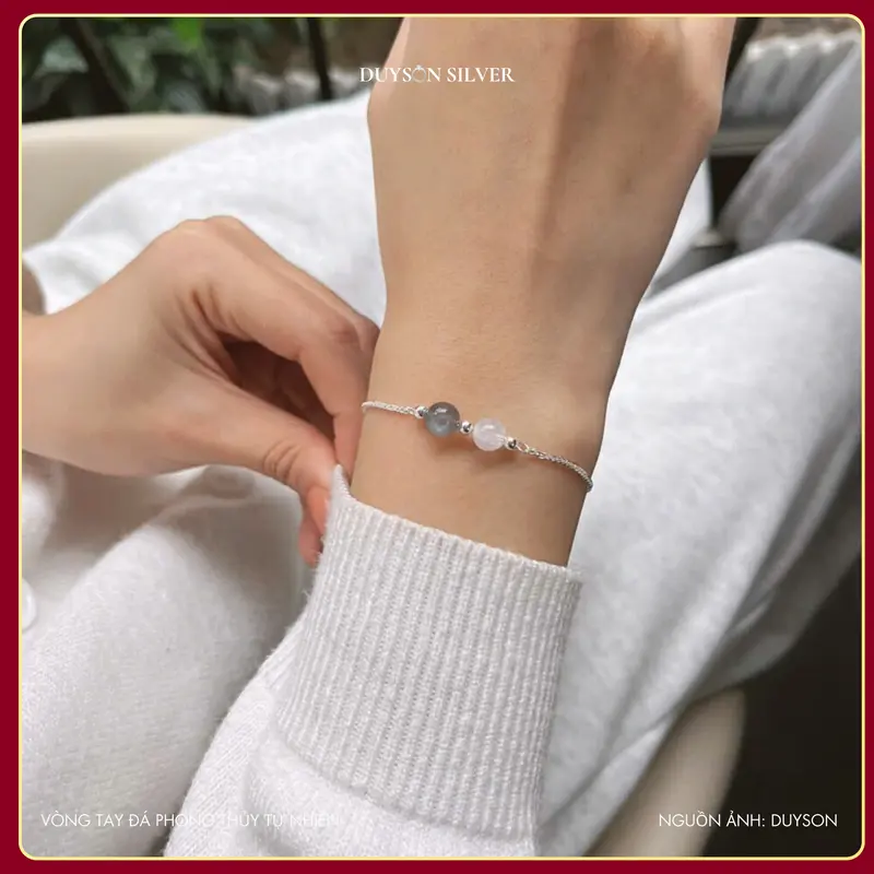 Vòng tay bạc nữ Duyson Silver mix 2 hạt Đá phong thủy Tự Nhiên, Lắc tay bạc nữ đính đá tự nhiên trợ năng lượng LTPT2 2