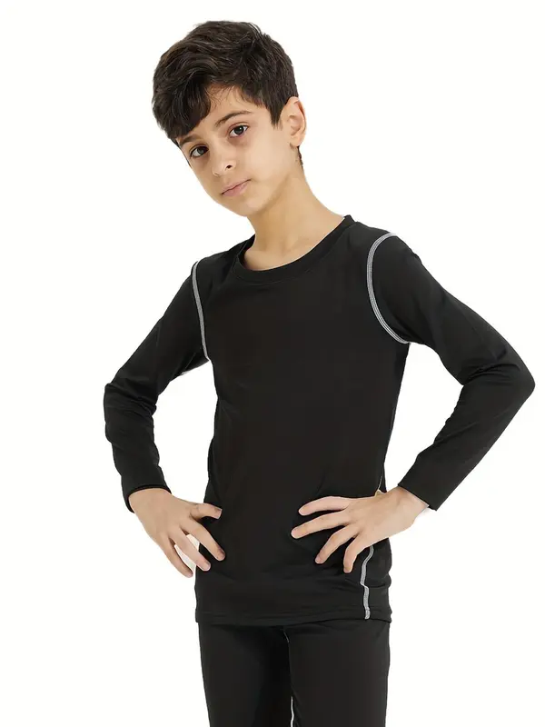 Boy's Contrast Binding Long Sleeve Sports Tee, Quick Drying Round Neck Top-stitching Sports T-shirt, Boy's Sportswear for Gym Workout Running 3