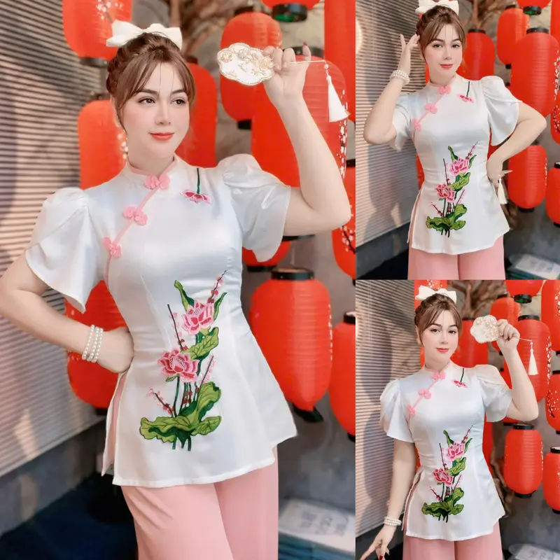 Bộ Bà Ba Đi Lễ Chùa (SD239) Bộ Đồ Lam Đi Chùa Hoa Sen Thêu Tay Phối Tréo Dễ Thương 2