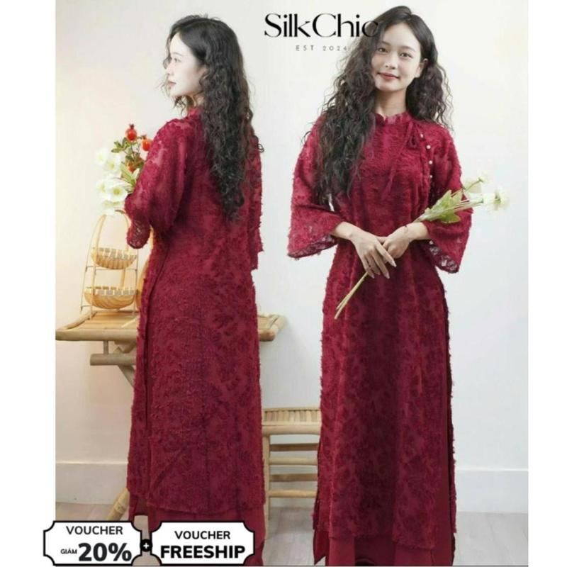 Áo Dài Tết 2026 Cách Tân Lông Vũ SC679 Áo Tay Lở Phối Buộc Nơ Cách Điệu Siêu Xinh Kèm Quần Dễ Mặc Nữ Women Nữ Women Kem Dress