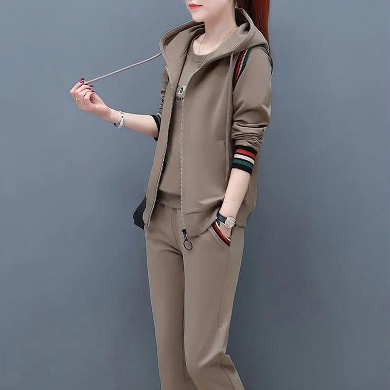 Bộ Áo Nỉ Và Quần, Áo Khoác Không Tay Có Mũ, Cổ Tròn, In Họa Tiết Rộng Rãi, Ấm Áp, Eo Co Giãn, Dây Kéo, Bộ Đồ Thể Thao Mùa Thu Để Mặc Hàng Ngày, 3 Cái / bộ 8