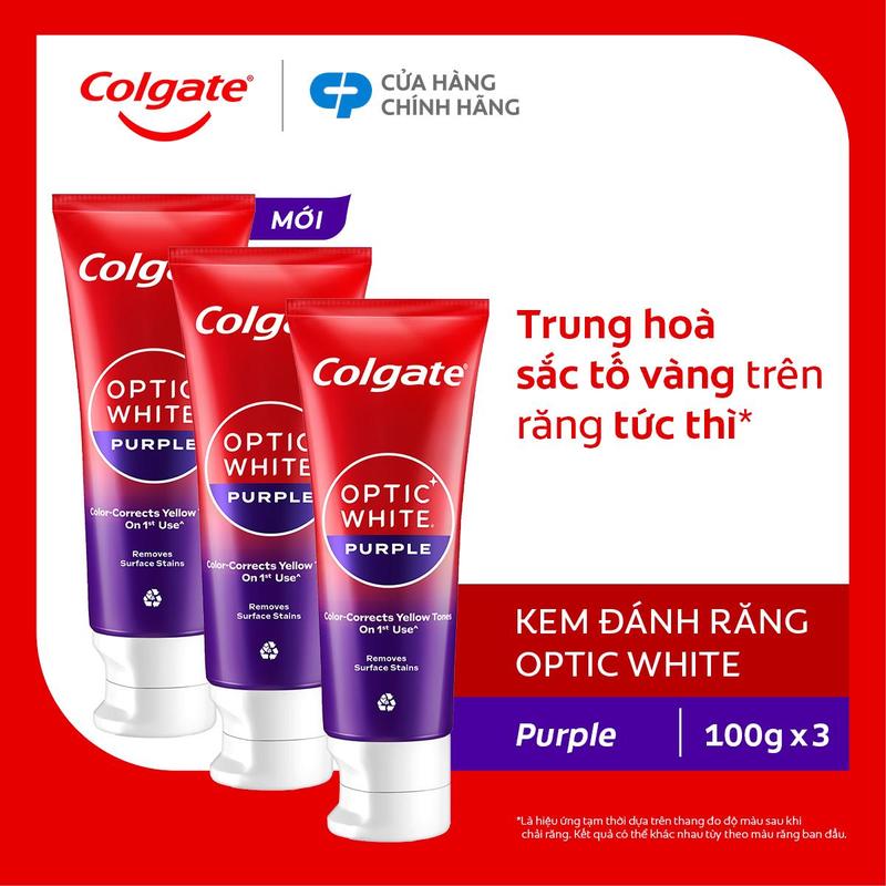 Bộ 3 Kem Đánh Răng Colgate trắng răng Optic White Purple 100g - công nghệ sắc tím, trung hòa sắc vàng trên răng
