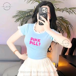 Áo Thun Croptop Thun Borip Form Basic Ôm Body Mẫu In Hình "Pink Pill" Phối Ren, Nữ Women Cổ Tròn Dáng Ngắn