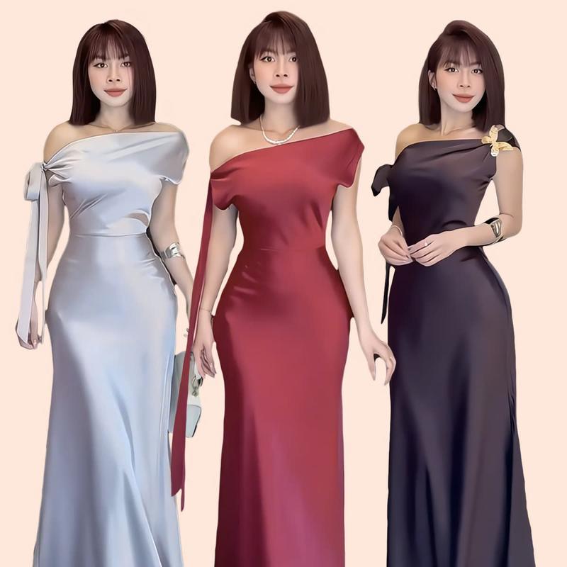 SHELLA DRESS | Đầm lụa lệch vai, chất phi lụa size S M L, may 2 lớp form chuẩn thiết kế NỮ WOMEN Đen Nhung