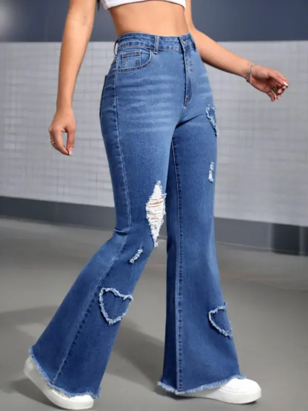 Women's Ripped Flare Leg Jeans, Fashion Casual Button Pocket Denim Pants for Daily Outdoor Wear, Ladies Bottoms for Summer 8