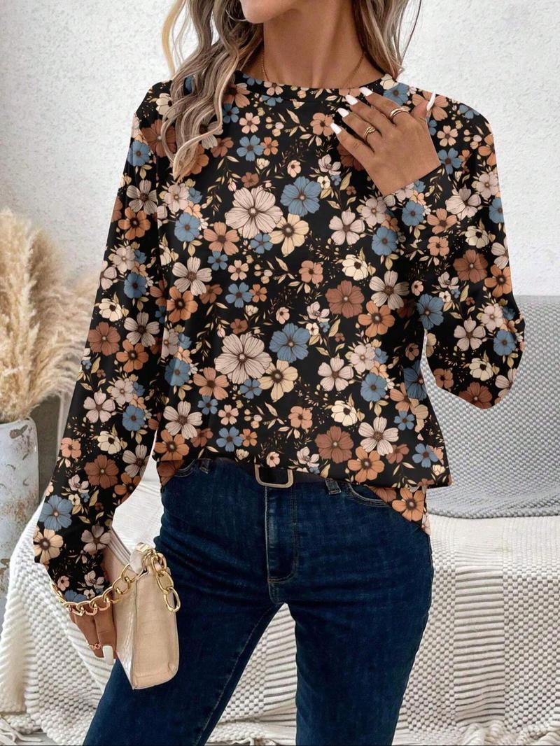 Product Introduction of 【Plus Size】 Floral Print Round Neck Tee, Casual Long Sleeve T-shirt for Daily Wear, Women Plus Clothing for Spring 9