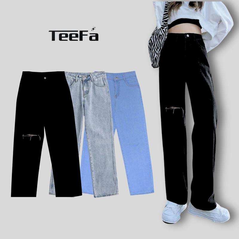 Quần jean nữ ống suông rách gối 1 gối , cá tính phong cách Hàn Quốc hot trend 2022 Pants Denim Women quandai quần  bò rộng size xs quân  jeannu