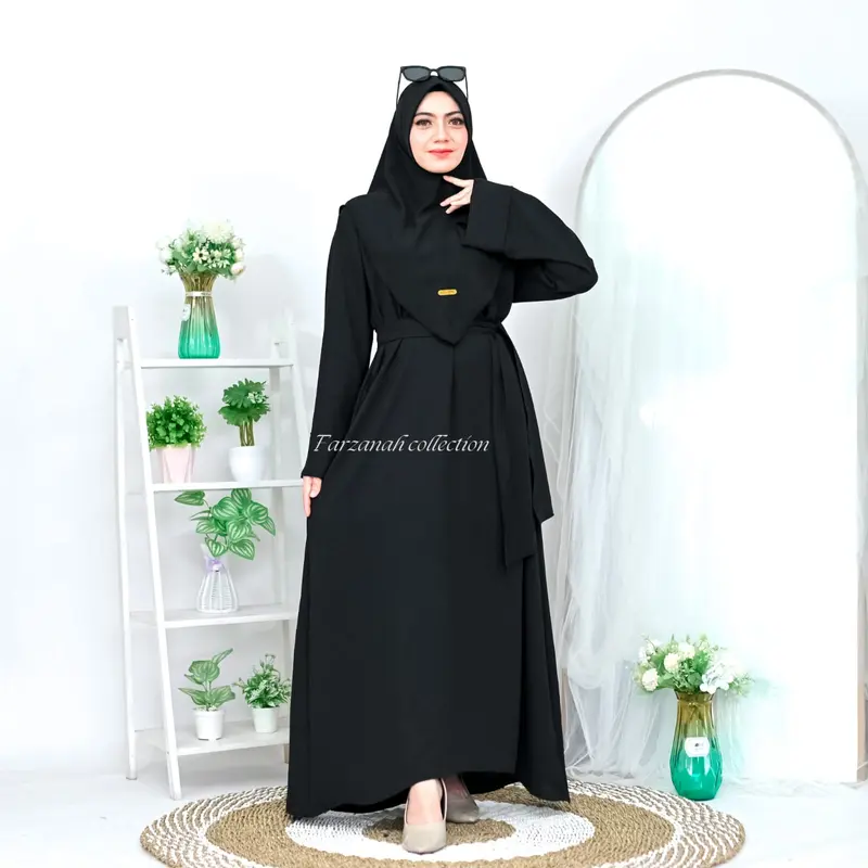 Abaya turkey remaja set hijab bahan crinkle airflow baju gamis abaya lebaran terbaru 2024 0