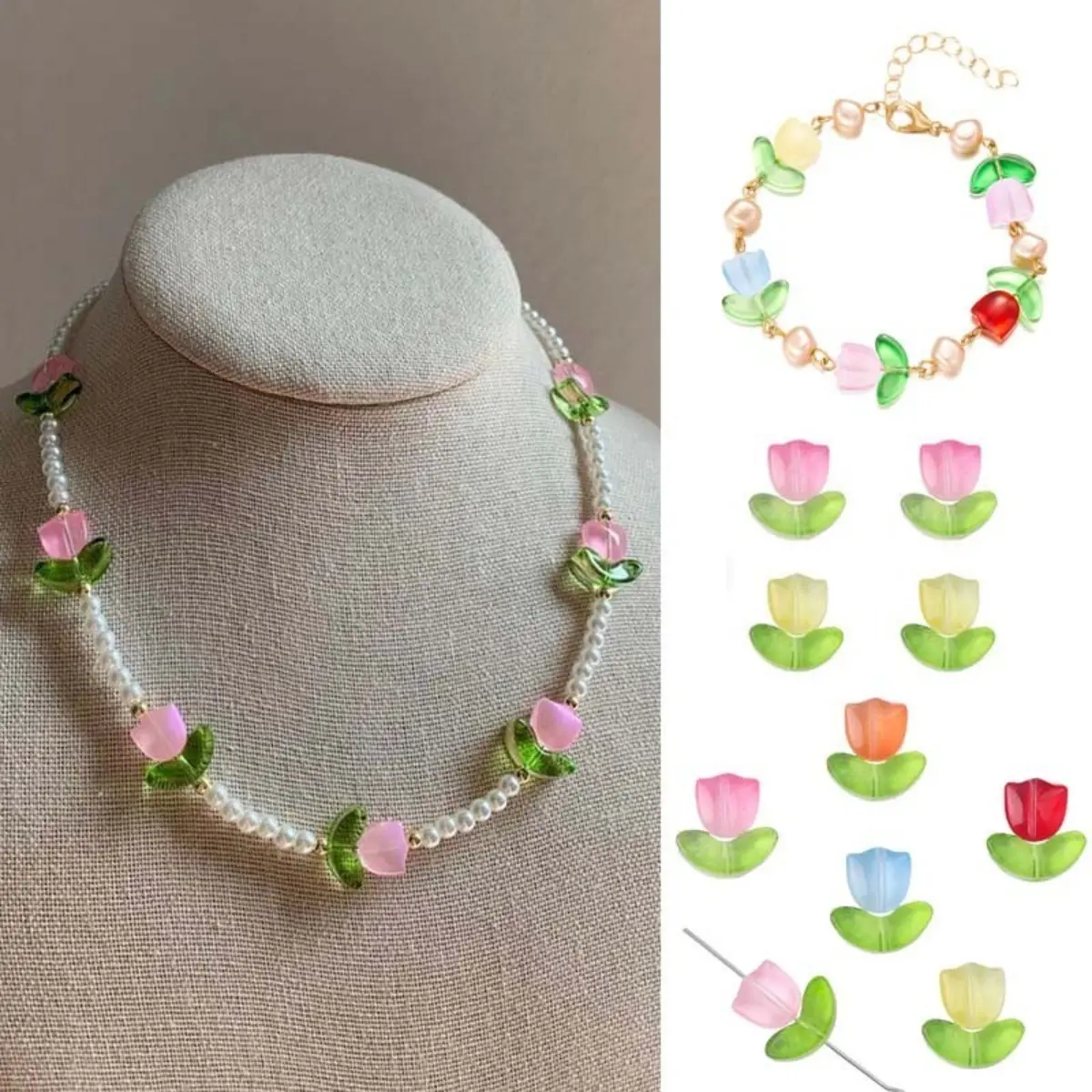 20pcs/Bag Glass Tulip Beads with Leaves Flower Beads for DIY Jewelry Making Necklace(10 sets)