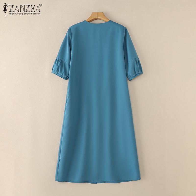 Váy Thường Ngày Cho Kỳ Nghỉ Của Phụ Nữ, ZANZEA, Tay Áo 3 / 4, Cổ Thuyền Chiều Dài Giữa Bắp Chân, Màu Trơn Váy Hàng Ngày 5