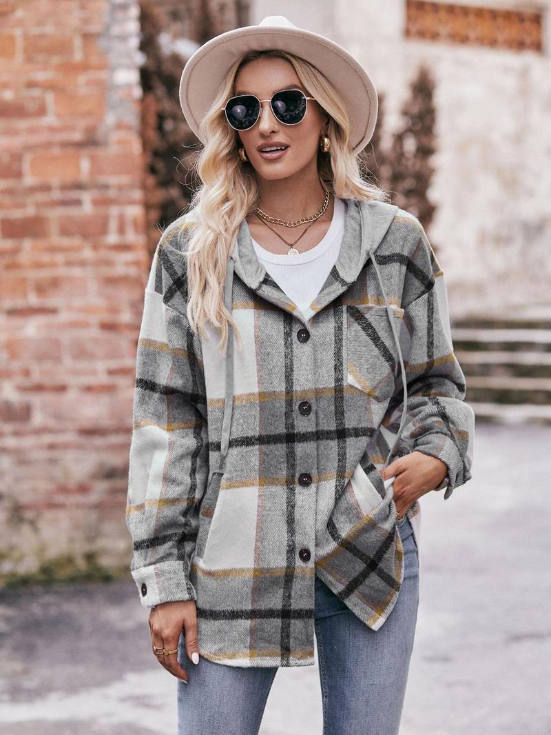 Product Introduction of Women's Plaid Print Button Front Drawstring Hooded Coat, Casual Drop Shoulder Long Sleeve Pocket Outerwear for Fall & Winter, Ladies Clothes for Daily Wear 4