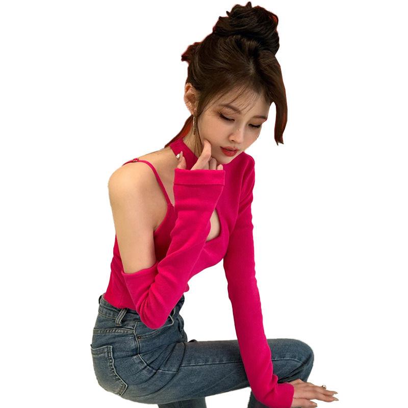 Áo Nữ Tay Áo Dài Trễ Vai, Màu Hồng Nhạt, Áo Sơ Mi Sarong Cơ Sở Nhỏ Cho Nữ, Áo Sơ Mi Quây Acubi, Áo Ba Lỗ Quân Đội, Dành Cho Nữ 3