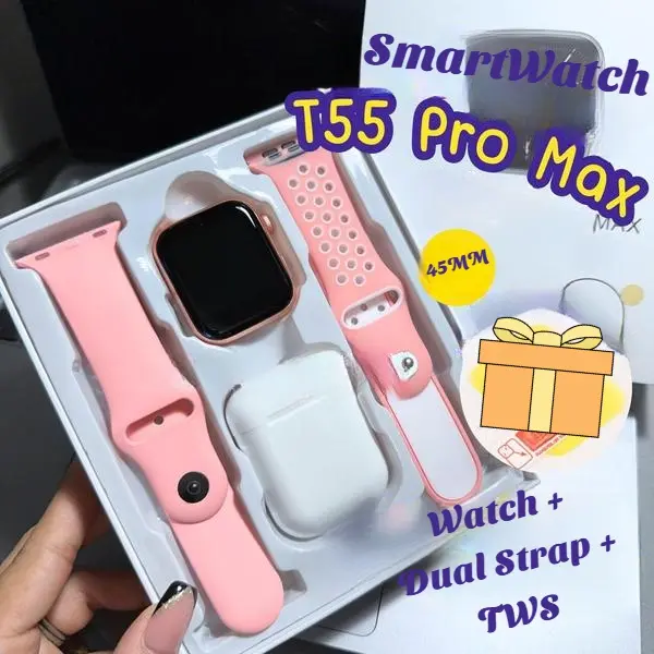 สมาร์ทวอทช์ T55 Pro Max พร้อมชุดหูฟัง TWS เชื่อมต่อบลูทูธ หน้าจอแสดงผล 45 มม. สายคู่ สามารถโทรออกได้ 2024 plus