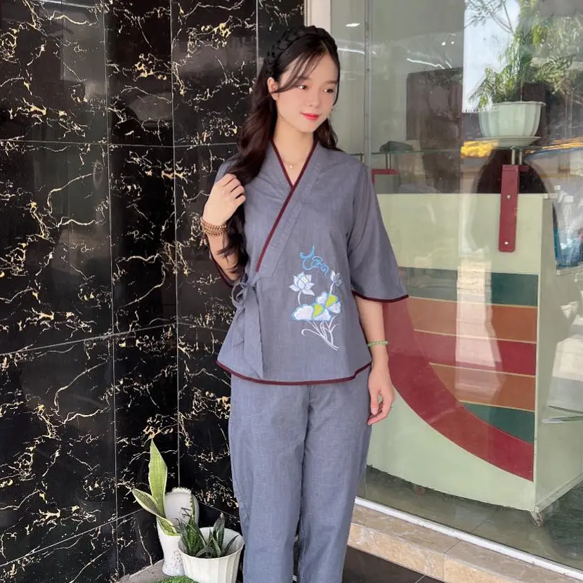 (XÉO NƠ THÊU) Quần Áo nữ Phật Tử, Đồ Lam Phật Đi Chùa Nữ mẫu chéo nhật thêu mã HPA06B