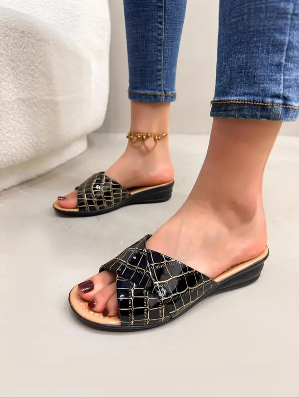Women's Fashionable Crocodile Embossed Flat Sandals, Casual Comfortable Slingback Sandals for Beach, Fashionable Shoes for Daily Wear, Girl 3