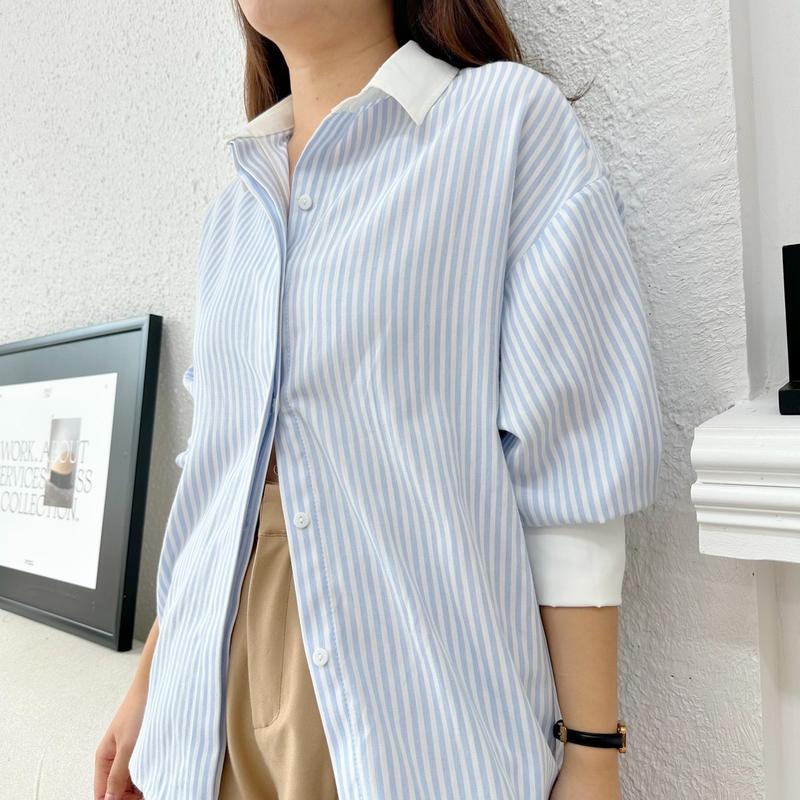 Áo sơ mi Nữ kẻ sọc phối cổ trắng chất thô đũi cotton dáng oversize Women Shirt 5