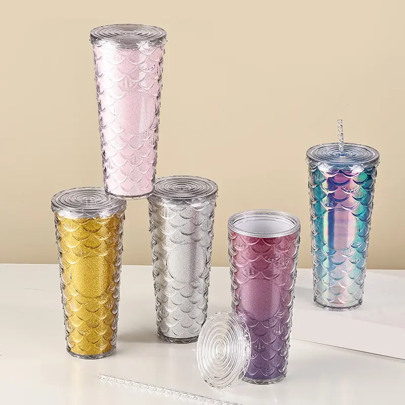 Colorful Scale Cup with Straw Creative Large Capacity Double-Layer Plastic Cup Home Couple Good-looking Office Water Cup