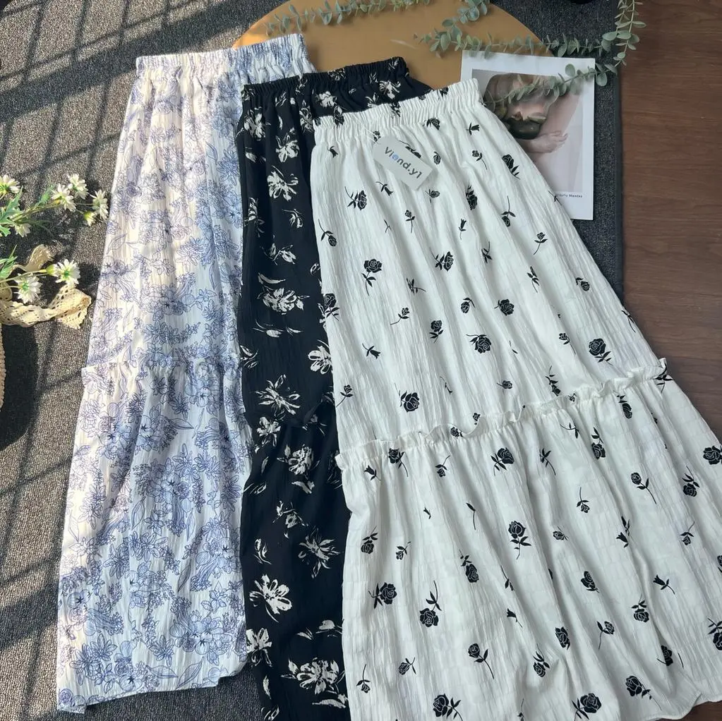 Rok Panjang Wanita Korea Allsize / Skirt Cewek Korea Motif Cott kringkel 117 Karet Serut Putih
