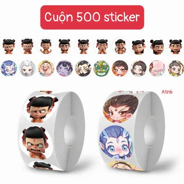 Cuộn 500 Miếng Dán Sticker Na tra Ngao Bính Hoạt Hình Dễ Thương Trang Trí Sổ Tay Cặp Học Sinh Máy Tính Để Bàn Size 2,5Cm