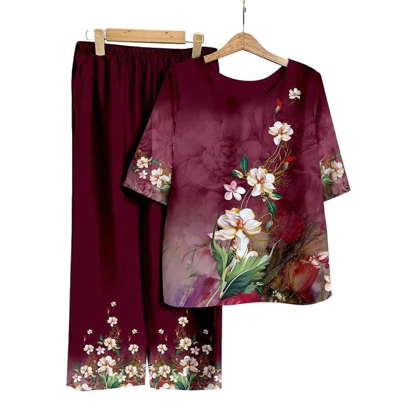 Đồ bộ in hoa trung tuổi nữ mặc nhà nhiều màu nhiều hoạ tiết nổi bật Women Áo Top Áo Ngủ Quần Ngủ pijama lụa