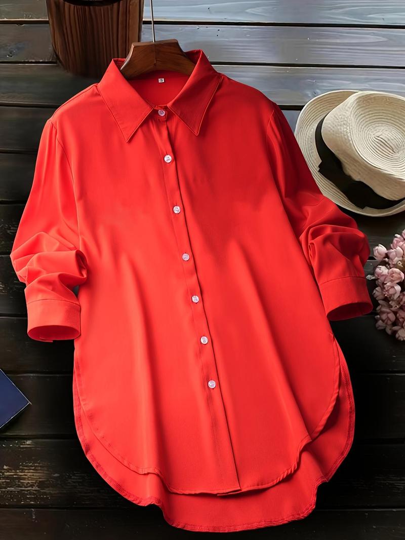 Product Introduction of Women's Plain Button Front Shirt, Casual Curved Hem Long Sleeve Collared Top for Spring & Fall, Ladies Clothes for Daily Wear 3