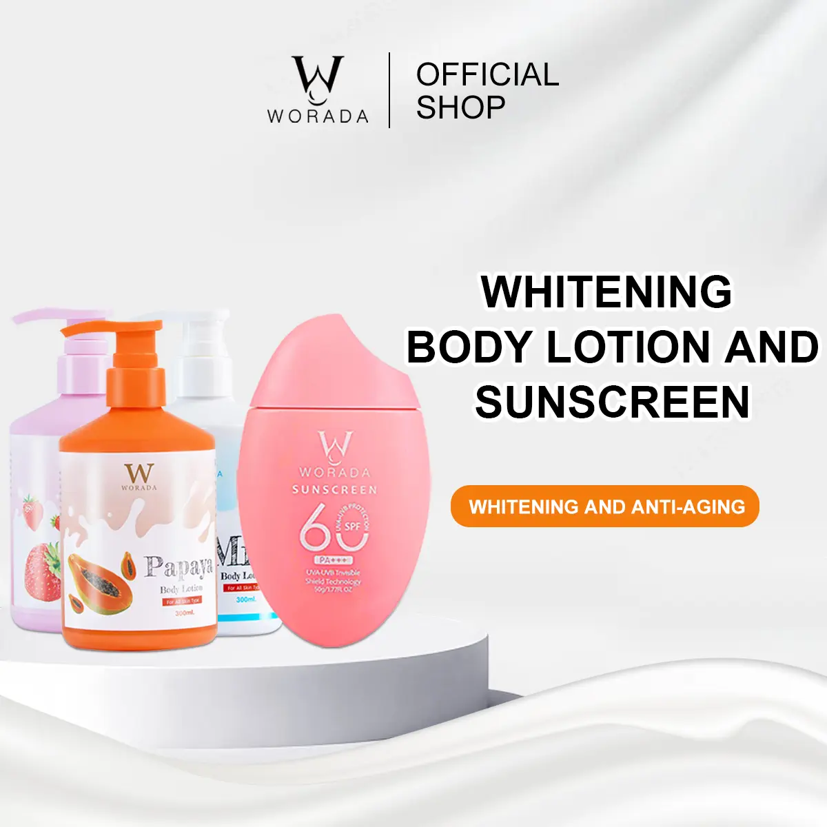 [FDA Approved] WORADA Sunscreen SPF60 PA+++ Sunblock Whitening Cream 50g And Whitening Lotion Gluta Acid Body Care Hydrating 300ml Skincare Pack Moisturizer Comfort Skin Repair Moisture Cosmetic Hyaluronic