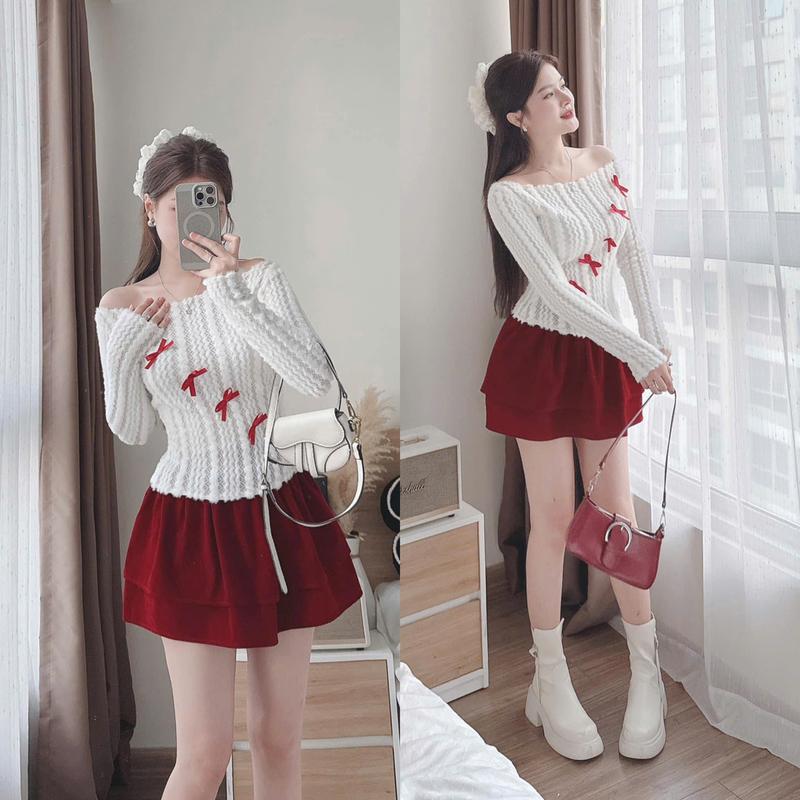 Product Introduction of Áo trễ vai len mềm xinh, áo noel tết tiểu thư A387 Nữ Women 7