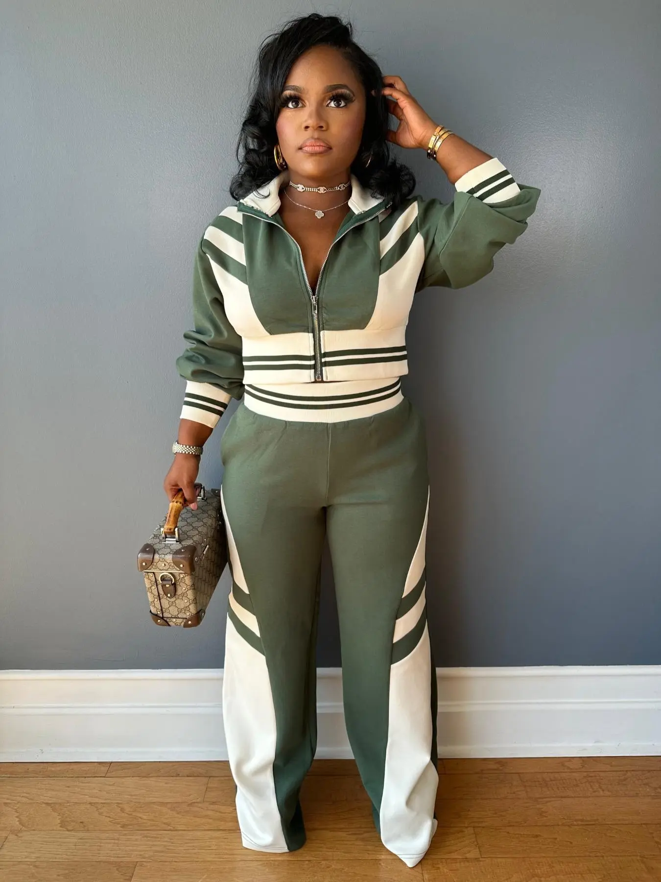 Women's Colorblock Print Zip Up Crop Jacket & Pants Two-piece Set, Casual Fashion Cozy Breathable Two Piece Outfits for Daily Outdoor Wear, Women Clothes for Fall & Winter