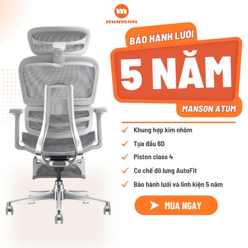 [chính hãnġ] Ghế Manson Atum Màu Đen / Xám - Ghế Xoay Công Thái Học, Lưng Hợp Kim Nhôm, Tựa 6D