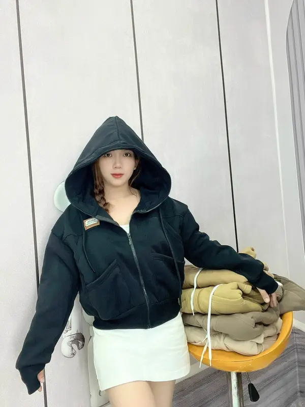 Áo Khoác Nỉ - Áo Khoác Nữ Form Lửng 6 Túi, Nón To, Tay Xỏ Ngón SUSUSHOP Top Hoodie Zíp mã FL11- FL15. Women Có Túi 3