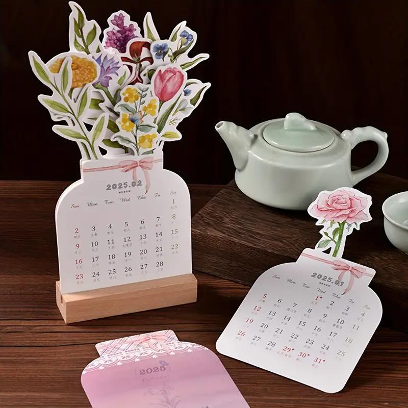 Product Introduction of 2025 Flower Themed Desktop Calendar, 1 Count Creative Desktop Calendar with Wooden Base, Office Stationery & Supplies 4