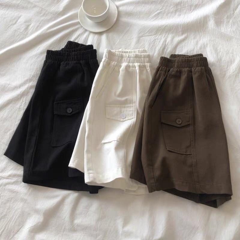 Quần short kaki lưng cao túi hộp lưng thun chun kiểu quần đùi nữ Women Pants Kem