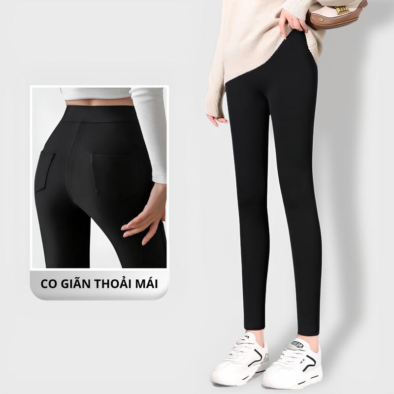 Quần Legging nữ cạp cao dáng dài kiểu hàn 4 túi vải cotton Đen dày dặn co giãn Quần Legging ôm dáng dài nữ trơn bó Đùi tập gym thể thao Đi làm công sở Đi choi Đồng Yoga Chạy Bộ quần  legging Women Voi