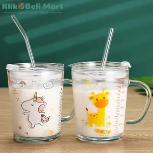 [KBM] Botol Kaca Cangkir Karakter Mug Gelas Susu Sedotan Minum Tumbler Glass