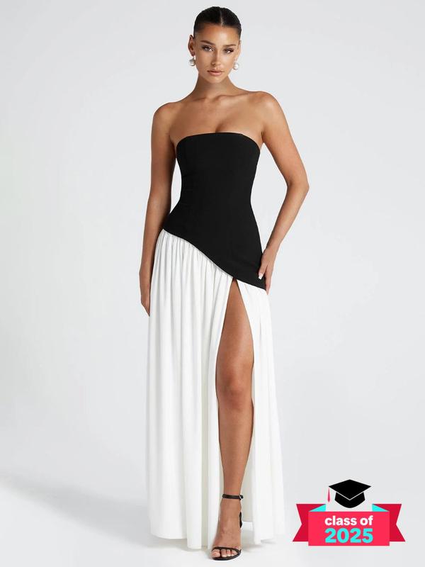 Women's Colorblock Split Thigh Tube Dress, Elegant Strapless A Line Dress for Party Holiday Wedding Guest, Ladies Summer Clothes, Womenswear 0