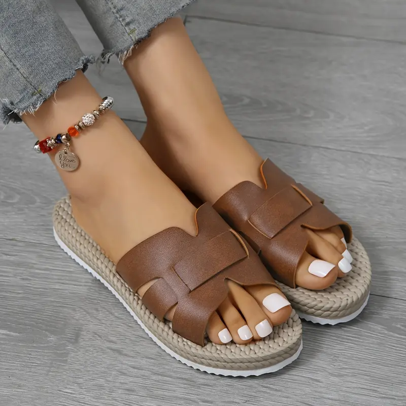 2025 New Women's Summer Slip-On Flat Sandals - Handmade Faux Cover Upper, Ultra-Soft EVA Cushioned Insole & Non-Slip Sole for Casual Outdoor Home Wear - Brown, Braided Shoe Design 4