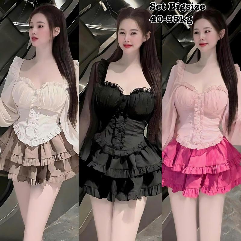  Set Bigsize Nữ Áo Tay Dài Bèo Có Mút Ngực Kèm Chân Váy Mềm Lụa Chéo Thái Cao Cấp Thiết Kế Dự Tiệc Đi Chơi  50-95kg Kem Màu Đen - 2318 