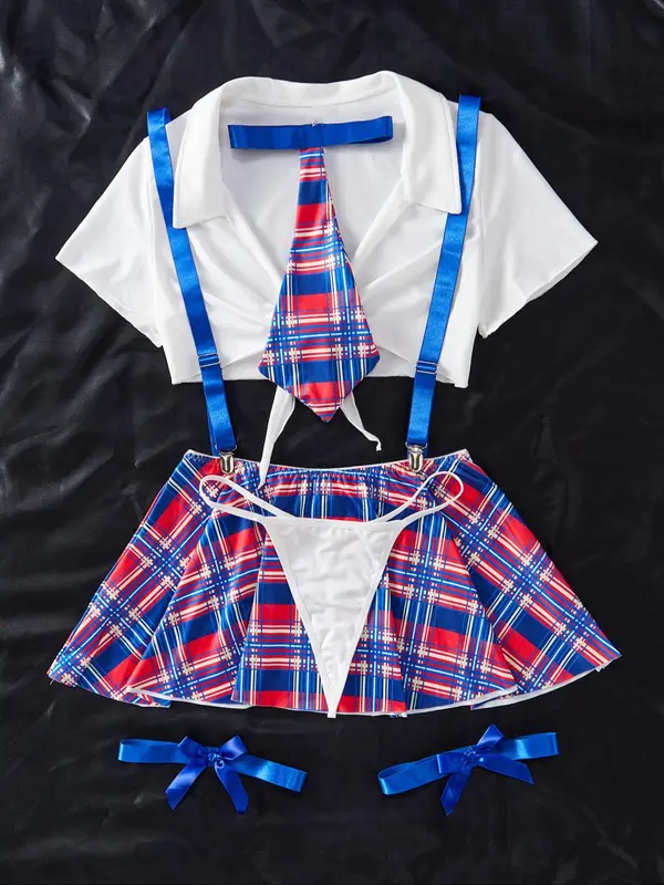 Women's Plain Knot Front Crop Top & Plaid Print Pleated Suspender Skirt & Thong & Tie & Bow Decor Thigh Band Set, Sexy Fit School Girl Adjustable Costume Set, Underwear Sets, Women's Lingerie & Underwear for All Seasons, Clothes, Womenswear, Cosplay 8