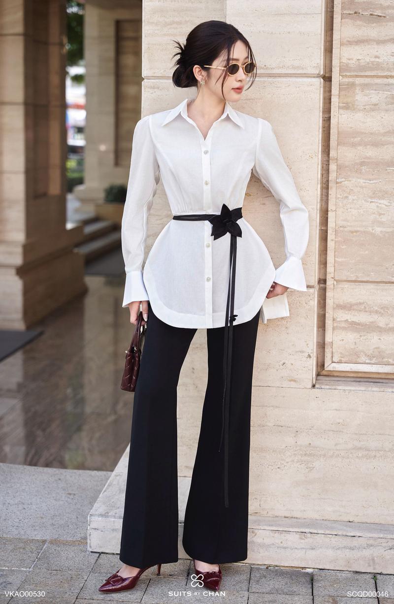 Product Introduction of SUITS BY CHAN - Áo sơ mi kiểu tay dài xếp li tà sau (Ko kèm belt), Quần dài ống loe - VKAO00530 SCQD00046 Nữ Women 43