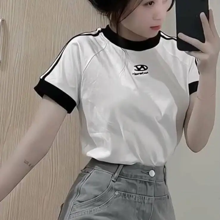 Áo phông thêu babytee phối viền tay