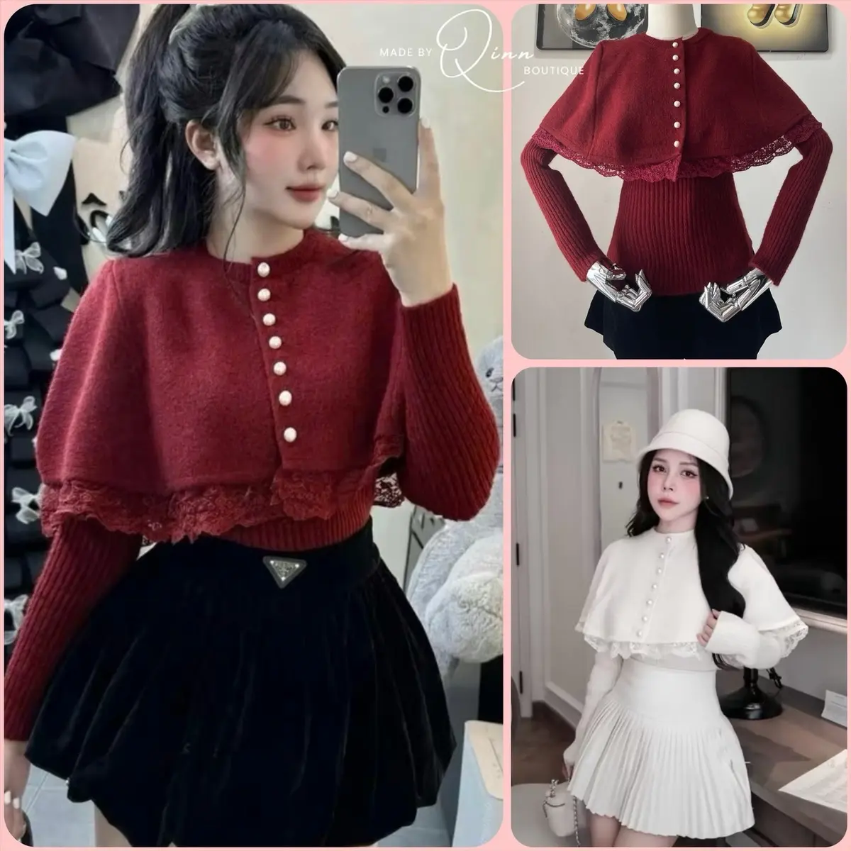 Set Áo Len Kèm Choàng Rời Viền Ren Tiểu Thư Sang Chảnh Có Kèm Ảnh Và Video Cận Chất Qinn Tự Quay [ Hàng QCCCL1 ] Women Top Nữ
