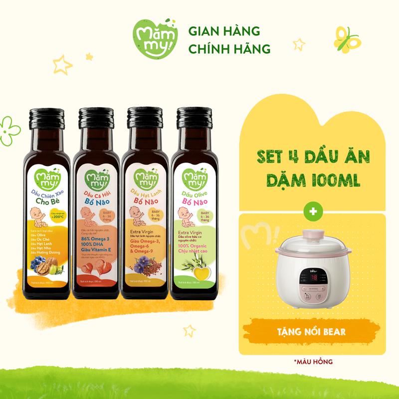 [Tặng nồi nấu chậm BEAR]  Combo 4 chai Dầu ăn dặm bổ não Mămmy (cá hồi Nauy, hạt lanh Trung Đông, olive Ý, chiên xào) giàu DHA, Omega, Chai 100ml Cho Bé Vitamin
