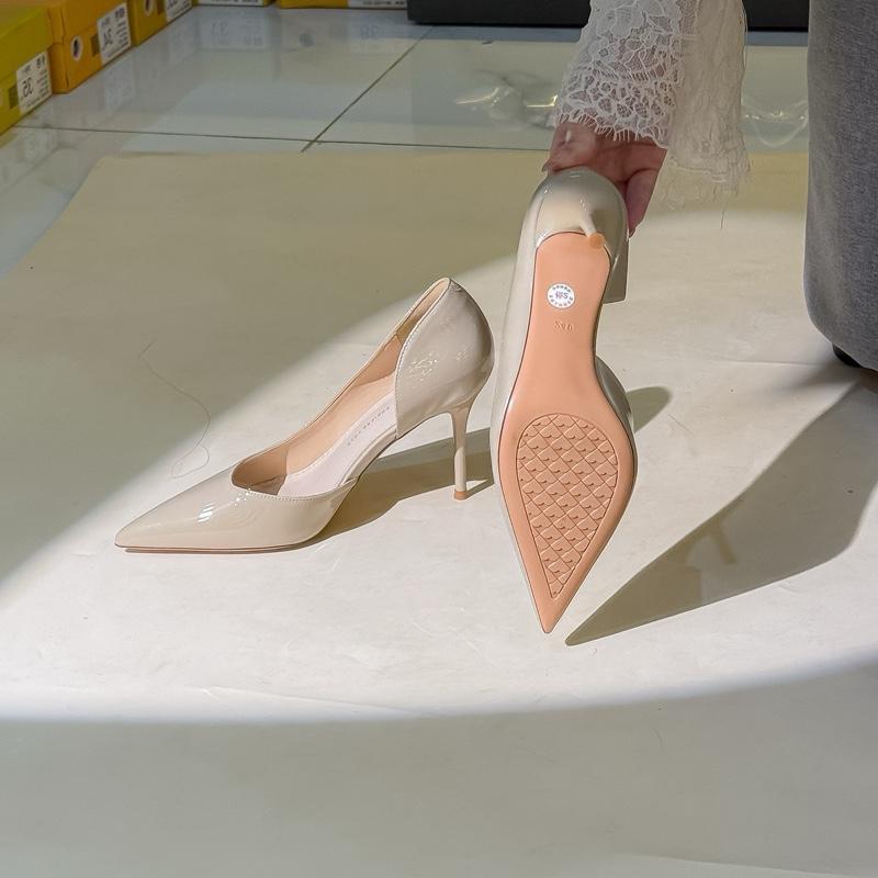 (7,5cm) Mã 295-25 Giày cao gót da bóng trơn mũi nhọn khoét eo 1 bên Nữ Shoes guoc  xinhsang