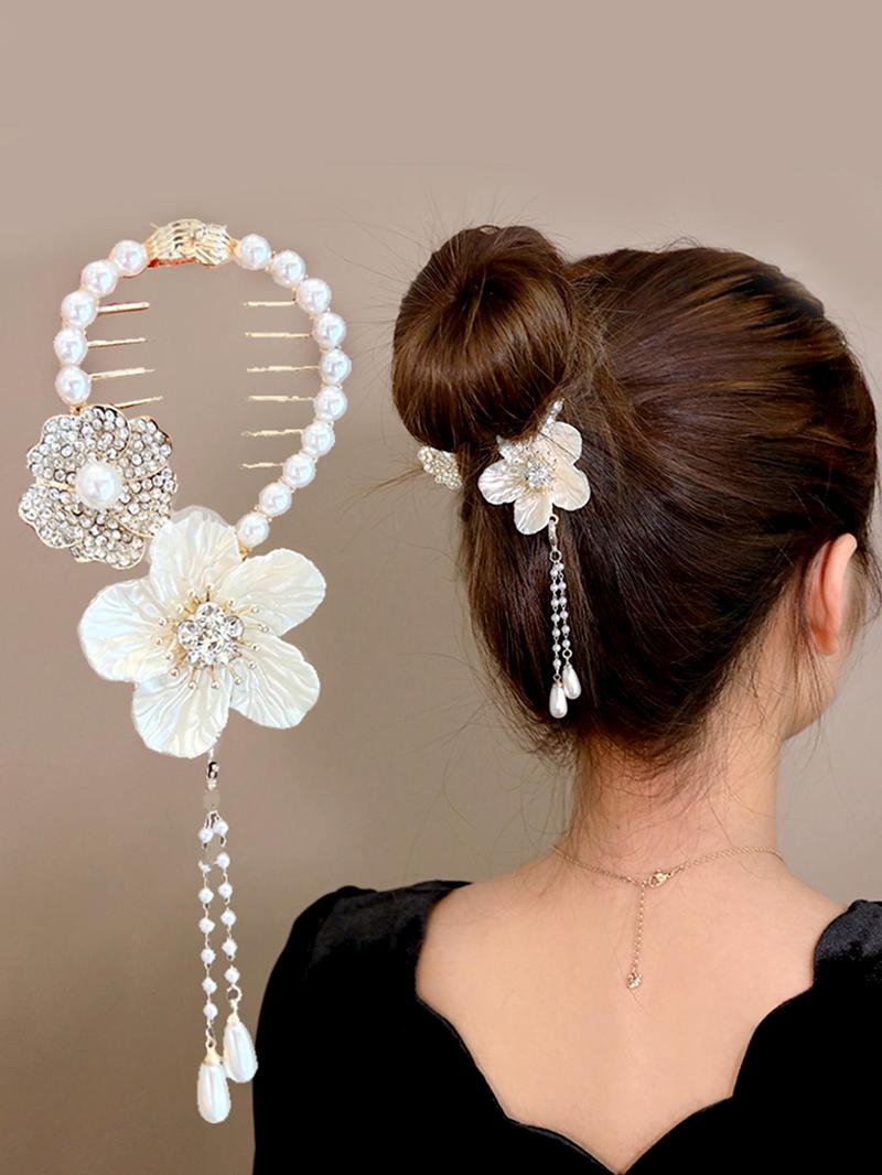 Product Introduction of Women's Elegant Rhinestone & Faux Pearl Decor Hair Clip As Gift, Trendy Exquisite Flower & Tassel Design Hair Clip, Chic All-match Shiny Hair Accessories for Hairstyle Decor 12