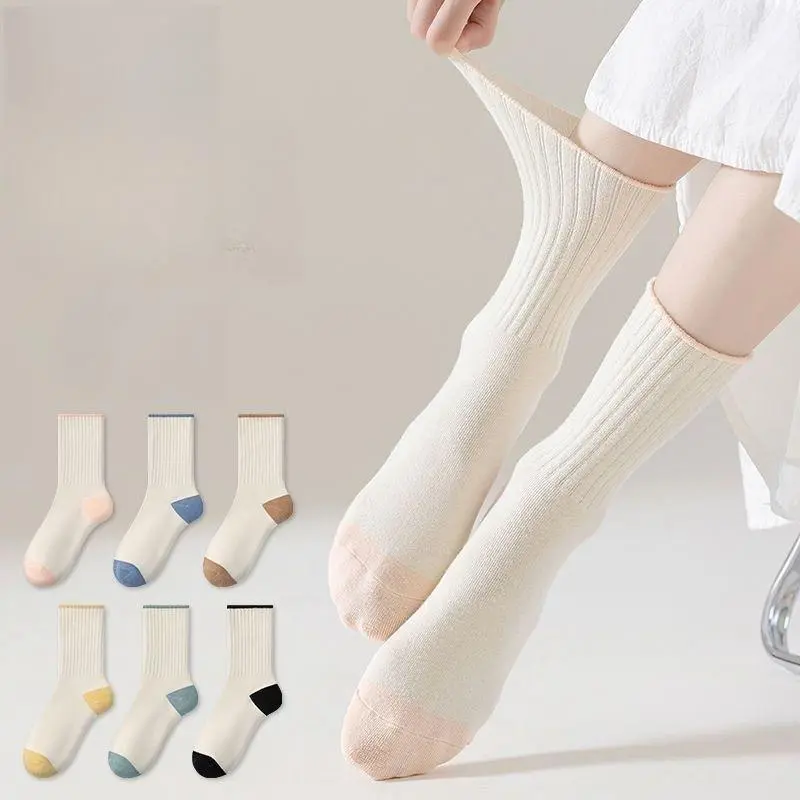 Japanese Simple Ins Trend Contrast Color Stacked Socks Ladies Dopamine Color Mid-tube Socks
